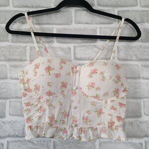 Sim and Sam Pink Floral Crop Top Bustier L Smocked Coquette Festival Boho